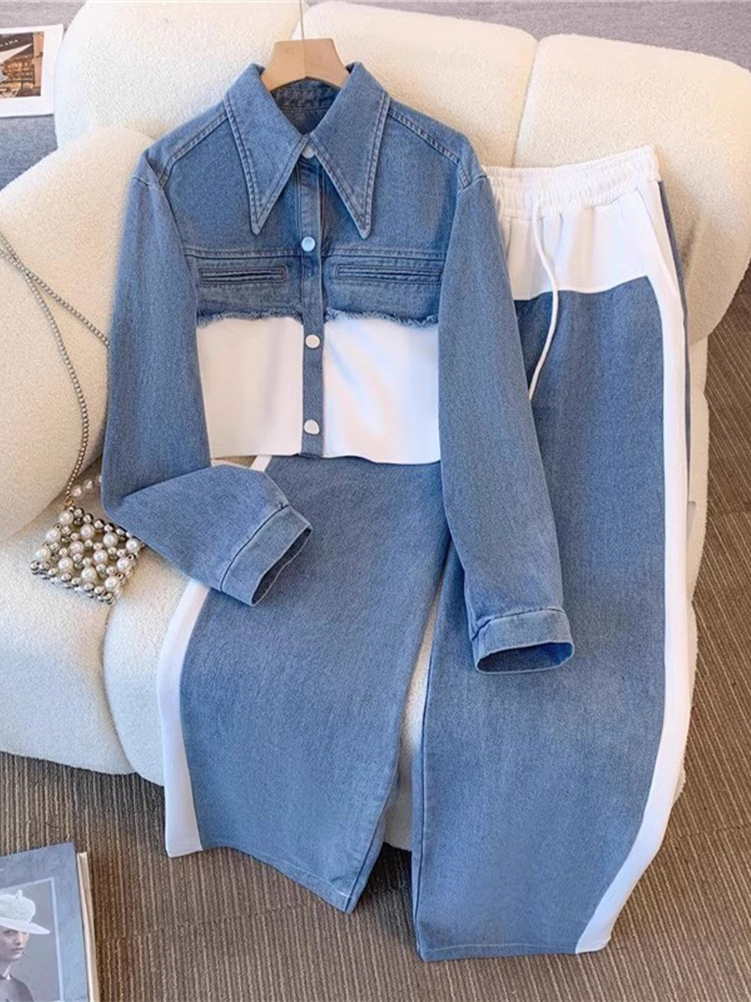 Women’s Colorblock Cropped Jacket And Wide-Leg Pants Set