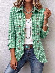 Women’s Gingham Ruffle Trim Button Front Jacket