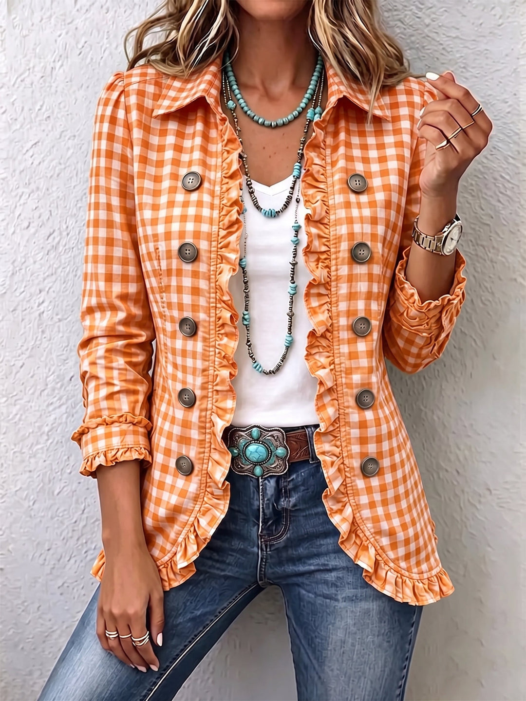 Women’s Gingham Ruffle Trim Button Front Jacket