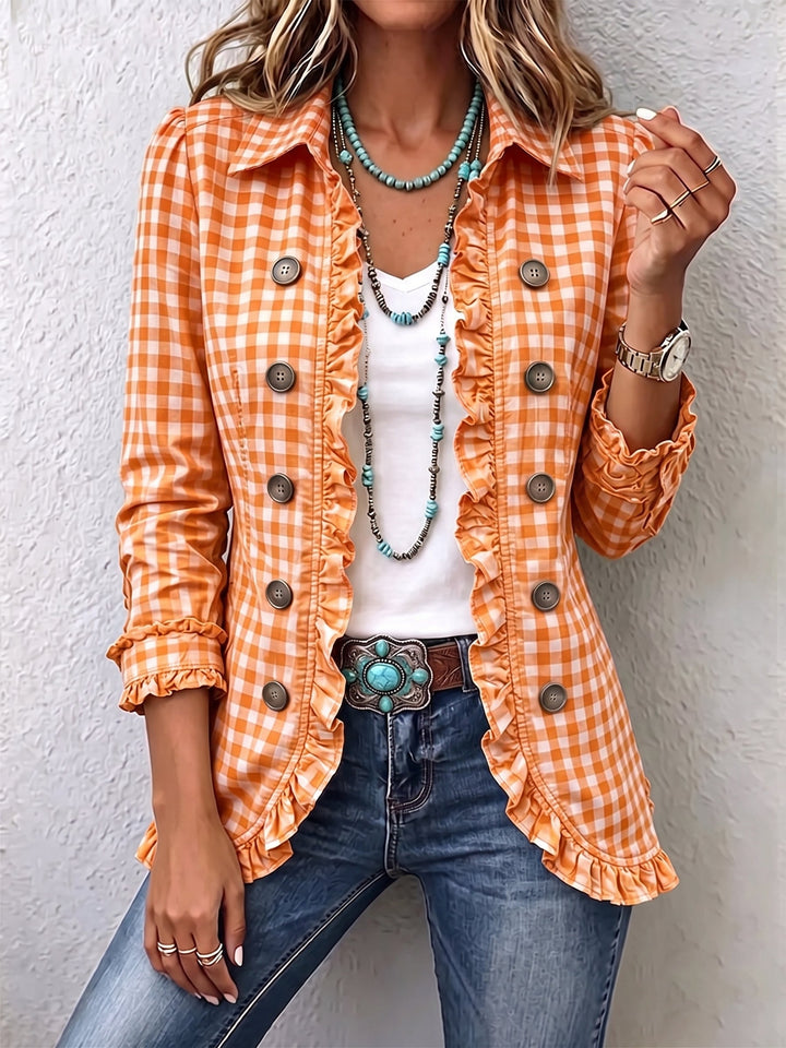 Women’s Gingham Ruffle Trim Button Front Jacket