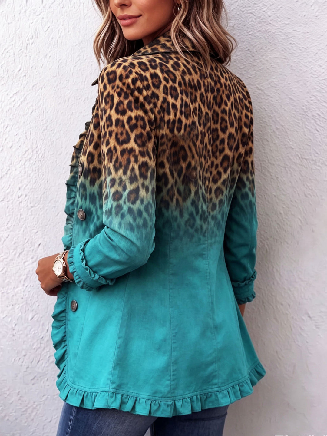 Women’s Leopard Print Ombre Ruffle Blazer Jacket