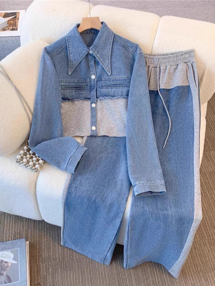 Women’s Colorblock Cropped Jacket And Wide-Leg Pants Set