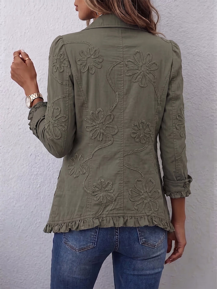 Women’s Boho Floral Embroidered Ruffle Trim Utility Blazer