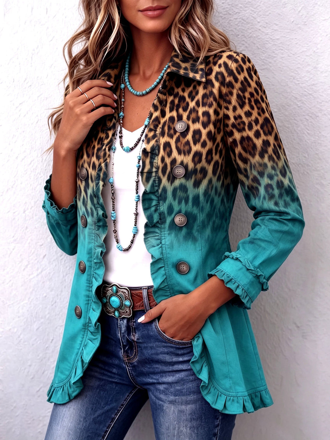 Women’s Leopard Print Ombre Ruffle Blazer Jacket