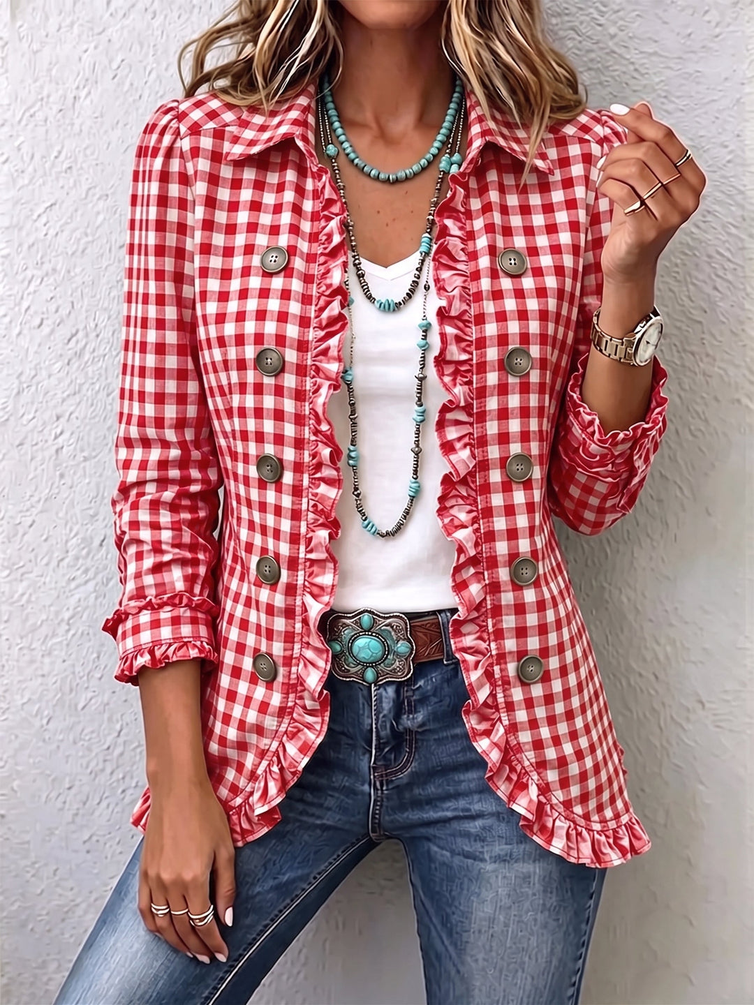 Women’s Gingham Ruffle Trim Button Front Jacket