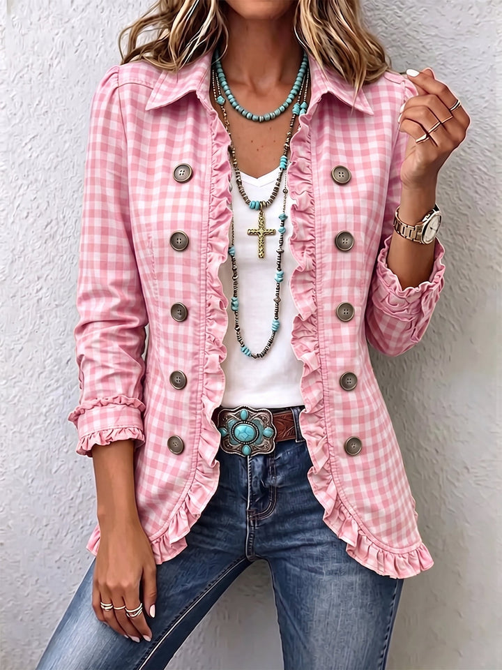 Women’s Gingham Ruffle Trim Button Front Jacket