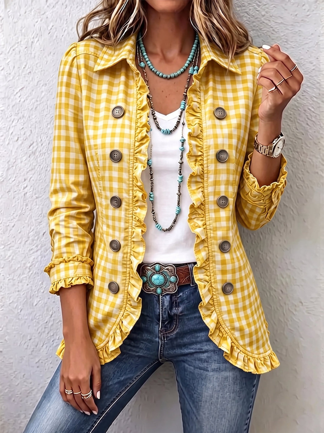 Women’s Gingham Ruffle Trim Button Front Jacket