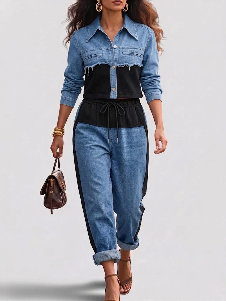 Women’s Colorblock Cropped Jacket And Wide-Leg Pants Set