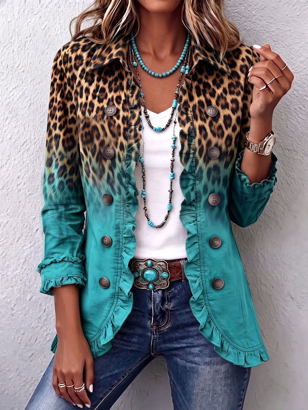 Women’s Leopard Print Ombre Ruffle Blazer Jacket