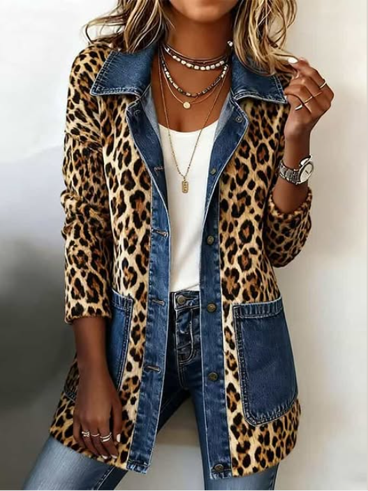 Women’s Leopard Print Contrast Panel Longline Jacket