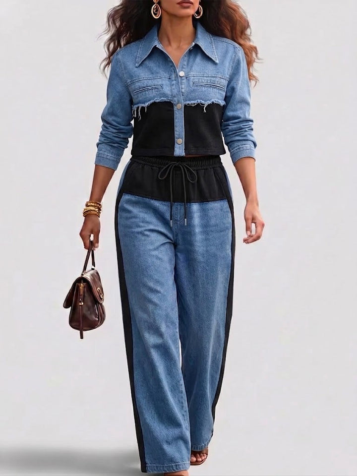 Women’s Colorblock Cropped Jacket And Wide-Leg Pants Set