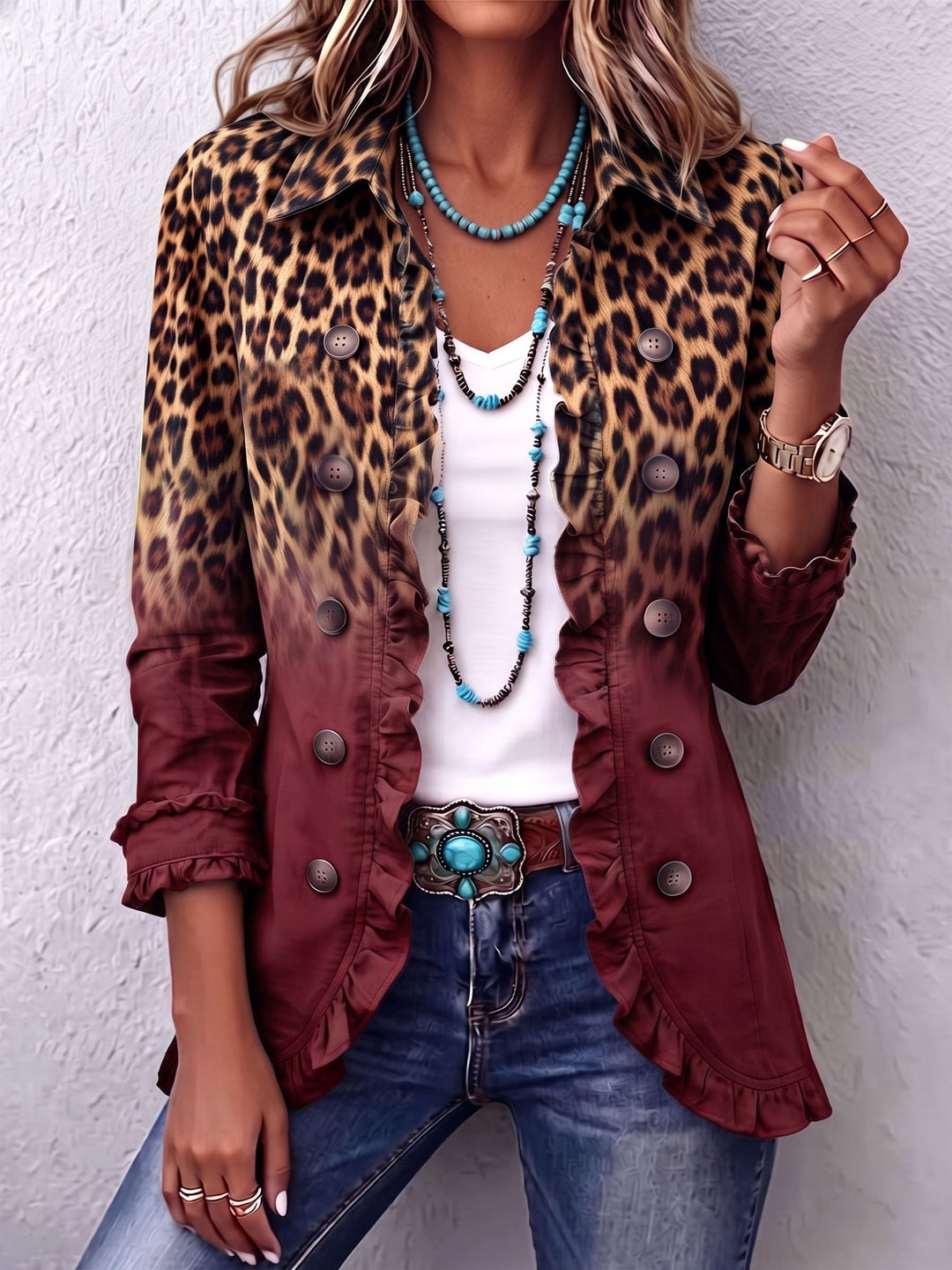Women’s Leopard Print Ombre Ruffle Blazer Jacket