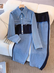 Women’s Colorblock Cropped Jacket And Wide-Leg Pants Set