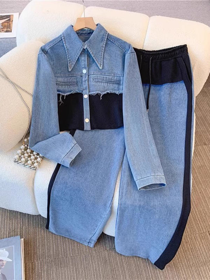 Women’s Colorblock Cropped Jacket And Wide-Leg Pants Set