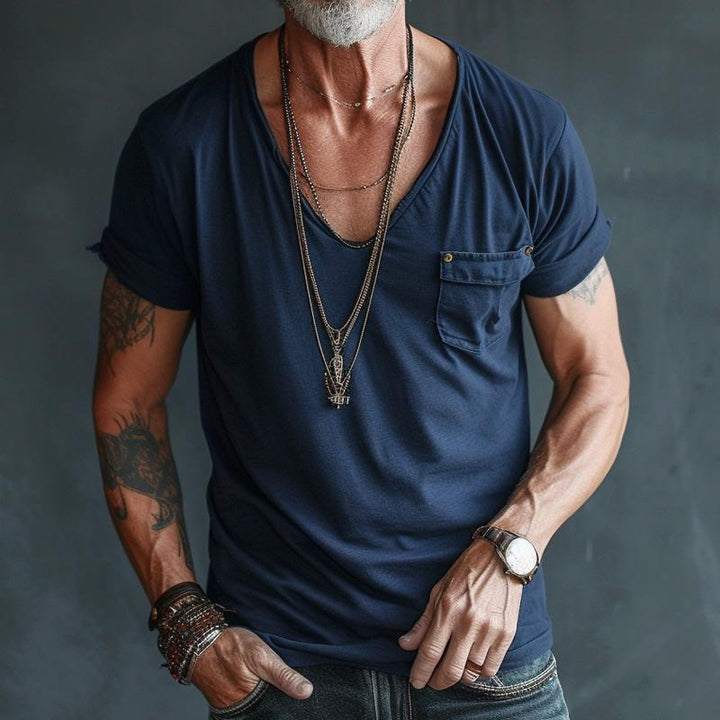 Men’s V-Neck Short Sleeve Chest Pocket T-Shirt