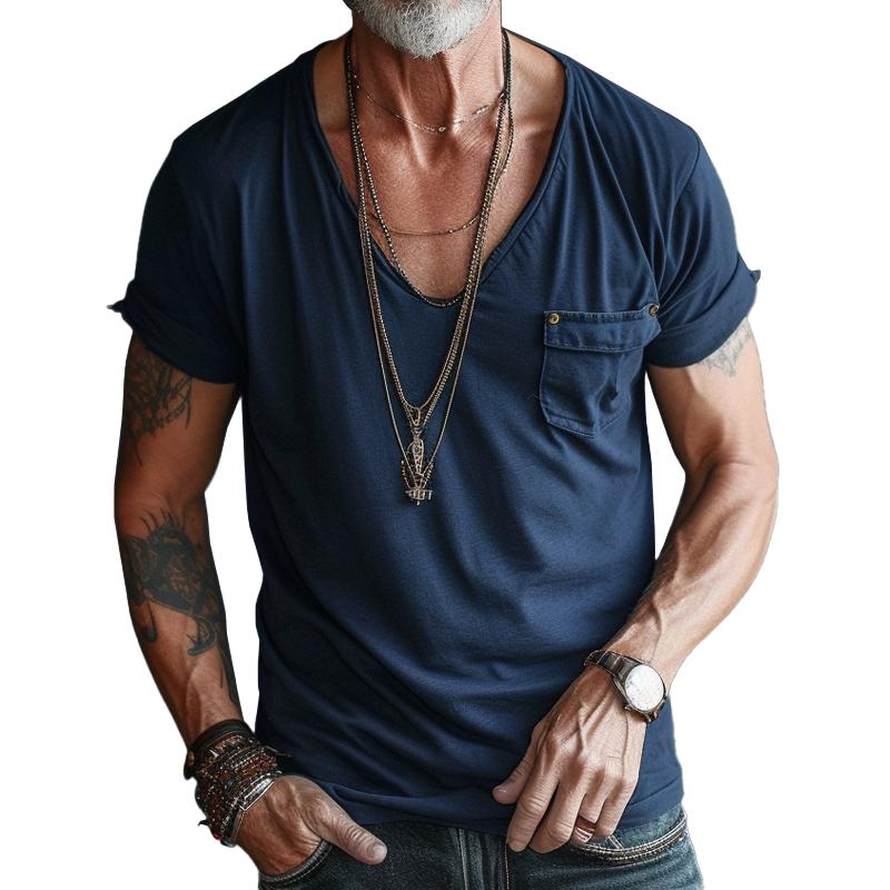 Men’s V-Neck Short Sleeve Chest Pocket T-Shirt