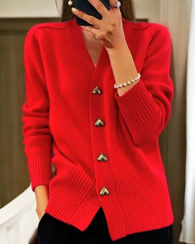 Women’s Heart Button V-Neck Cardigan