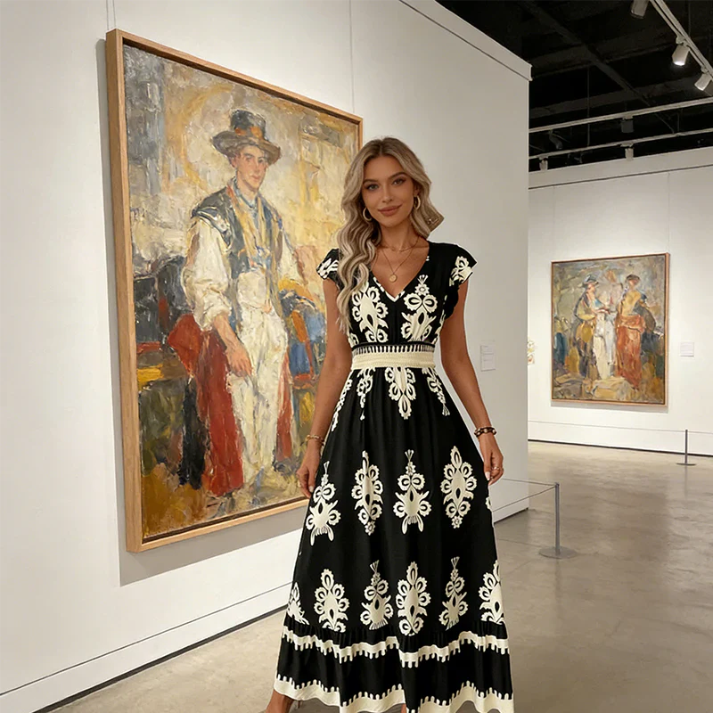 Women’s Baroque Print V-Neck Maxi Dress