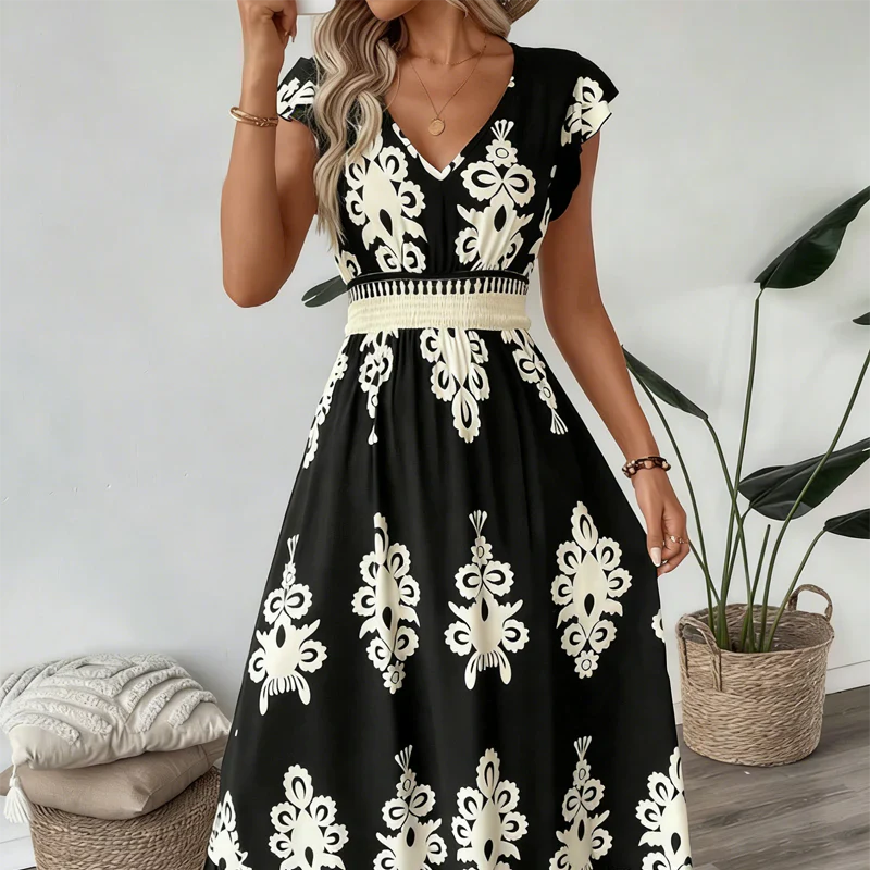 Women’s Baroque Print V-Neck Maxi Dress