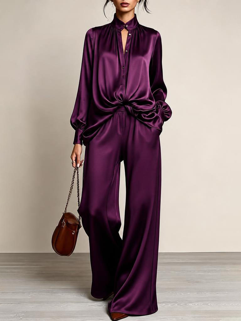 Women’s Gathered Waist Wide-Leg Two-Piece Pants Set